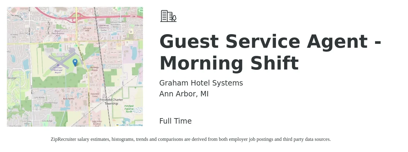 Graham Hotel Systems job posting for a Guest Service Agent - Morning Shift in Ann Arbor, MI with a salary of $16 Hourly with a map of Ann Arbor location.