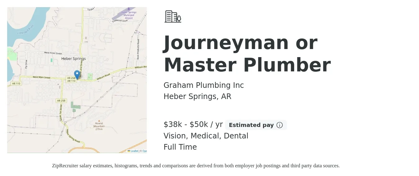 Graham Plumbing Inc job posting for a Journeyman or Master Plumber in Heber Springs, AR with a salary of $38,000 to $50,000 Yearly and benefits including dental, life_insurance, medical, and vision with a map of Heber Springs location.
