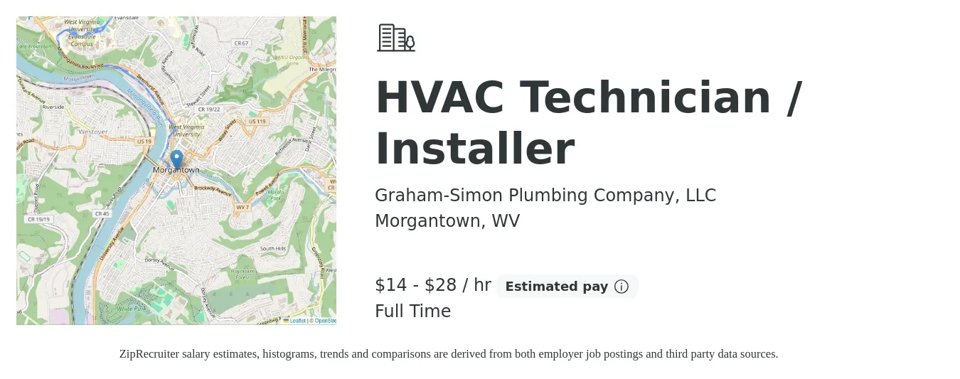 Graham-Simon Plumbing Company, LLC job posting for a HVAC Technician / Installer in Morgantown, WV with a salary of $15 to $30 Hourly with a map of Morgantown location.