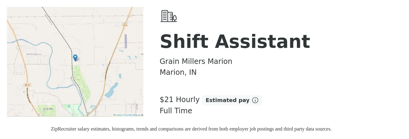 Grain Millers Marion job posting for a Shift Assistant in Marion, IN with a salary of $22 Hourly with a map of Marion location.