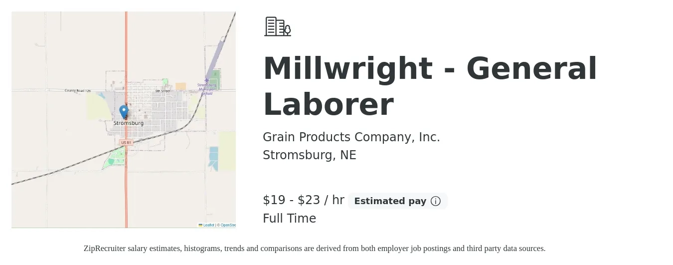 Grain Products Company, Inc. job posting for a Millwright - General Laborer in Stromsburg, NE with a salary of $20 to $24 Hourly with a map of Stromsburg location.