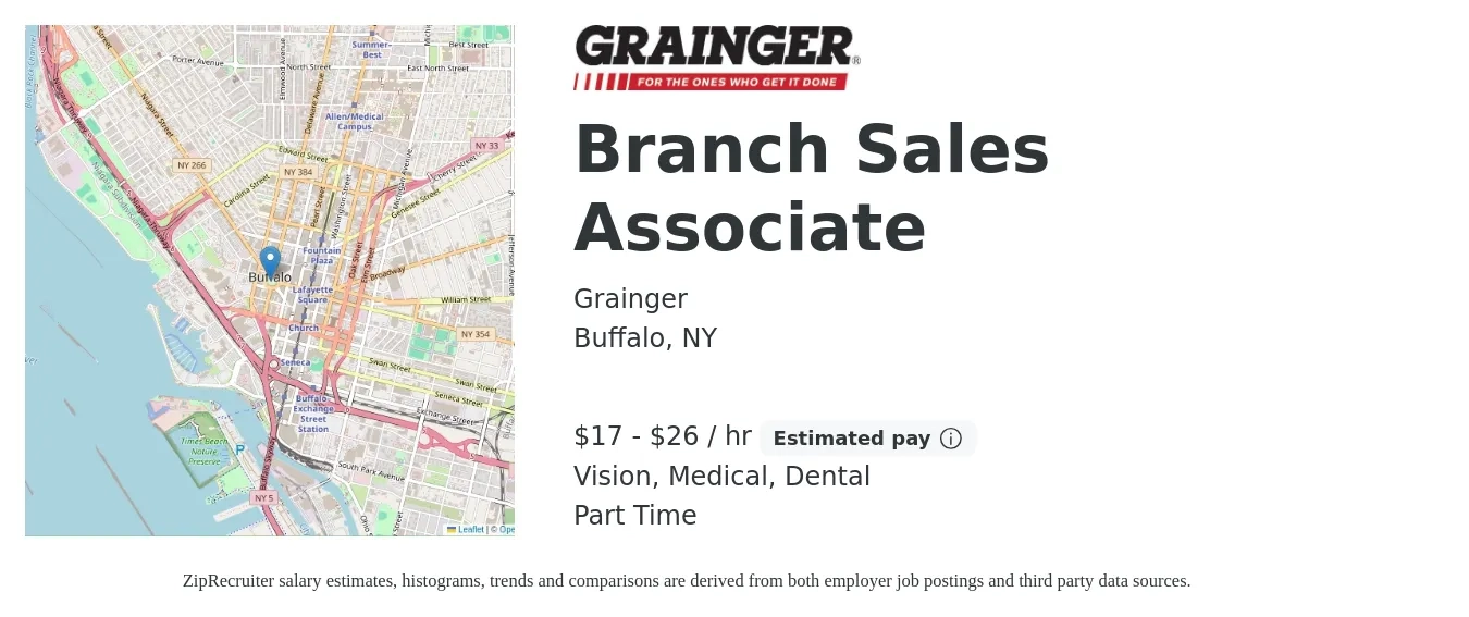 Grainger job posting for a Branch Sales Associate in Buffalo, NY with a salary of $18 Hourly and benefits including dental, life_insurance, medical, pto, retirement, and vision with a map of Buffalo location.