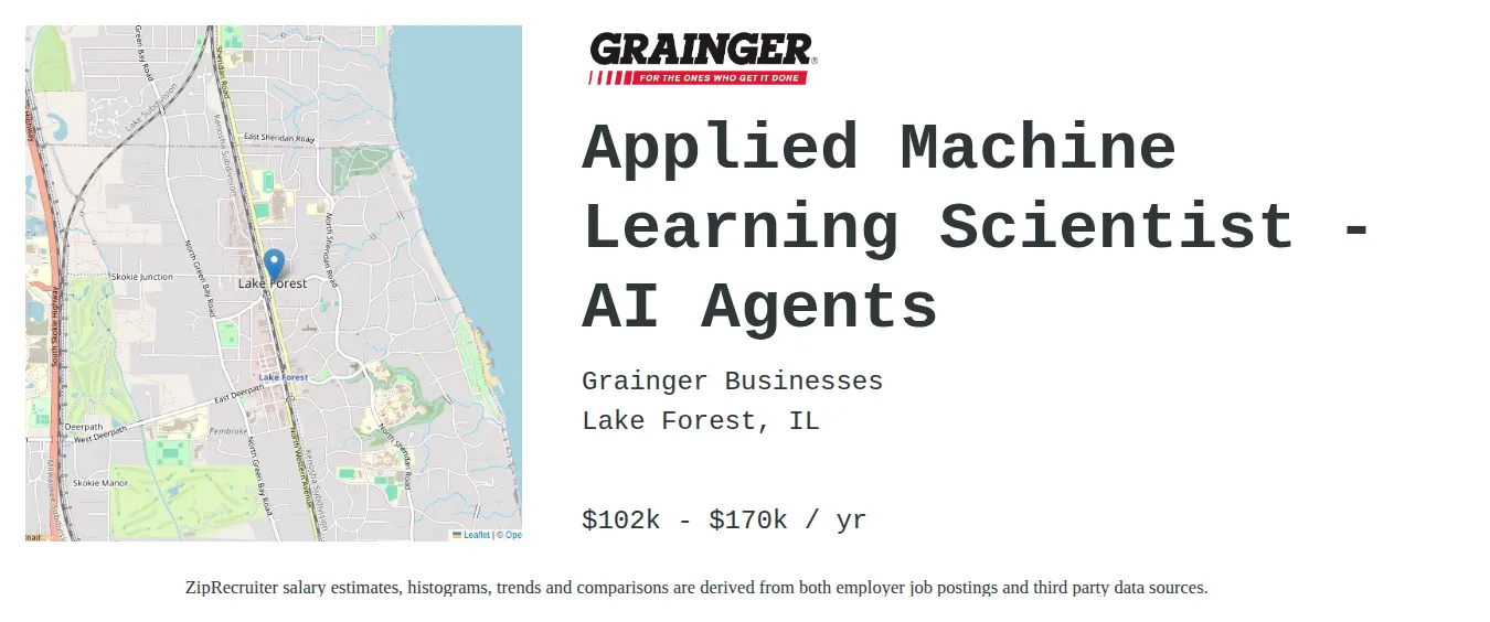 Grainger Businesses job posting for a Applied Machine Learning Scientist - AI Agents in Lake Forest, IL with a salary of $102,300 to $170,500 Annually and benefits including Medical, Vision, Dental, PTO, Life, and Retirement with a map of Lake Forest location.