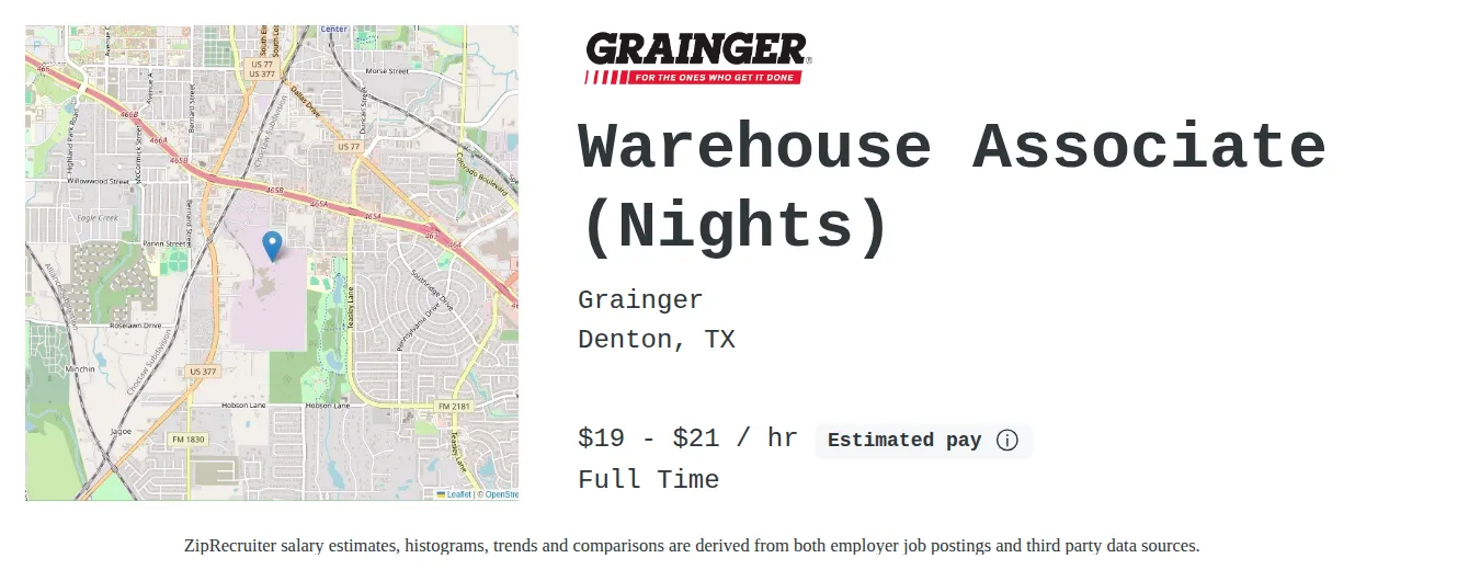 Grainger job posting for a Warehouse Associate (Nights) in Denton, TX with a salary of $21 to $22 Hourly and benefits including Medical, Vision, Dental, PTO, Life, and Retirement with a map of Denton location.
