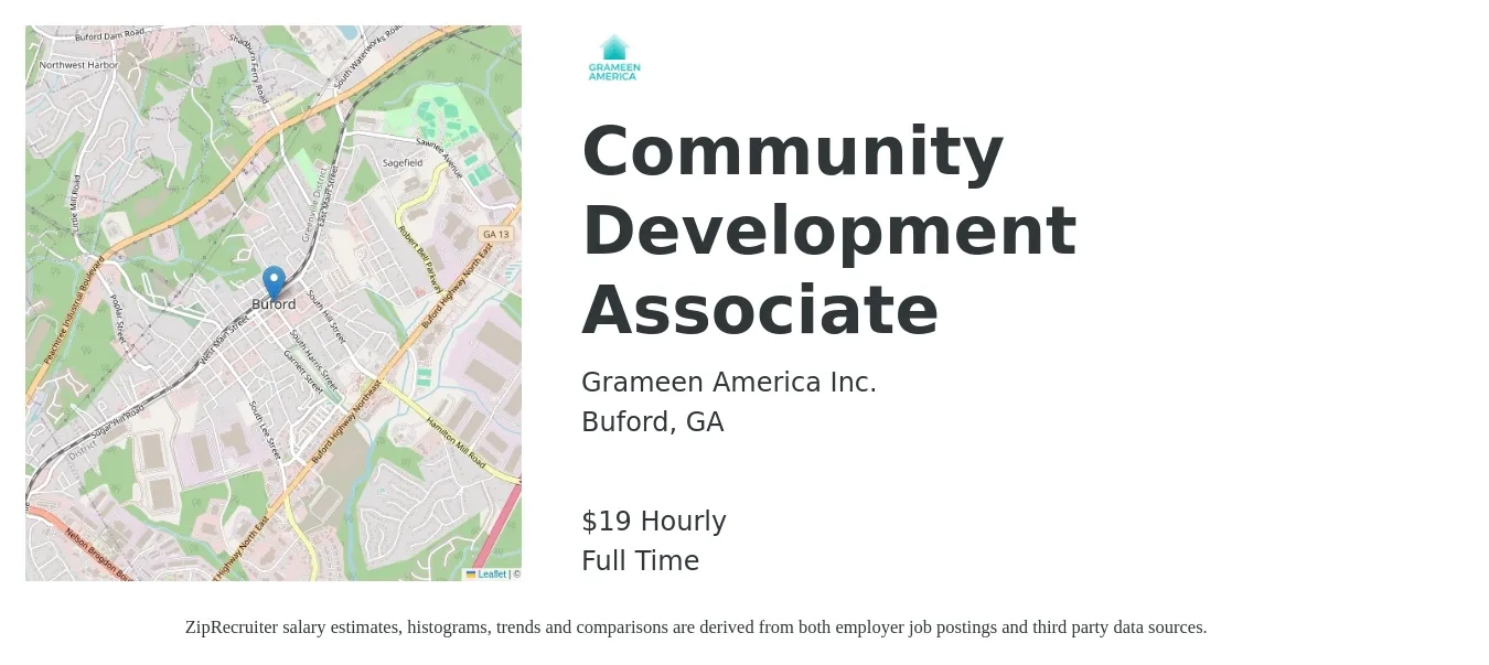 Grameen America Inc. job posting for a Community Development Associate in Buford, GA with a salary of $20 Hourly with a map of Buford location.