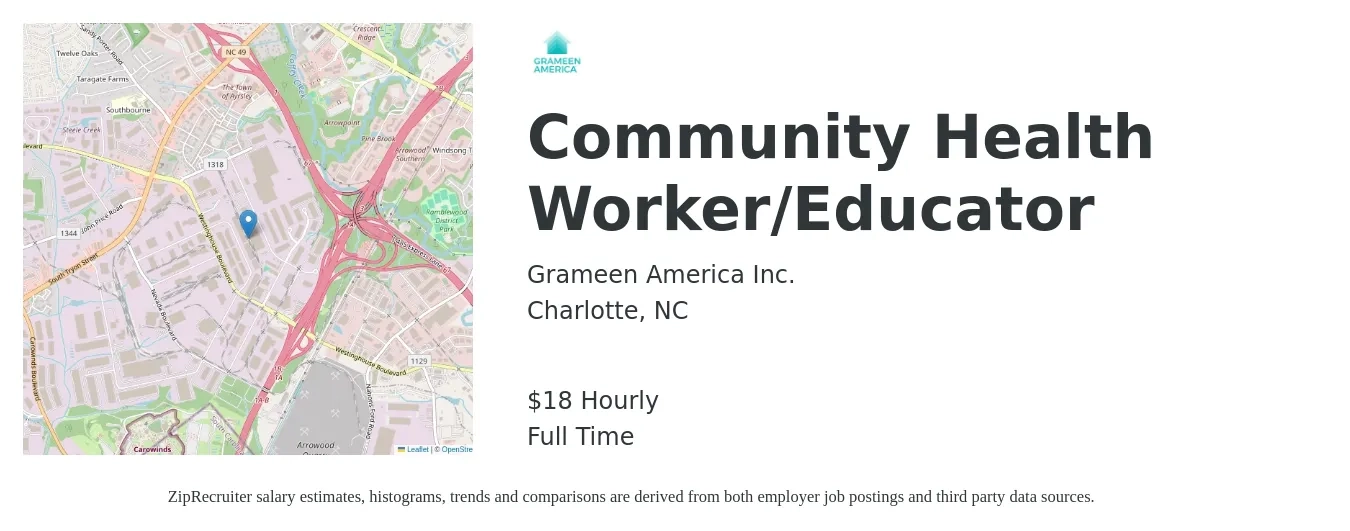 Grameen America Inc. job posting for a Community Health Worker/Educator in Charlotte, NC with a salary of $19 Hourly with a map of Charlotte location.