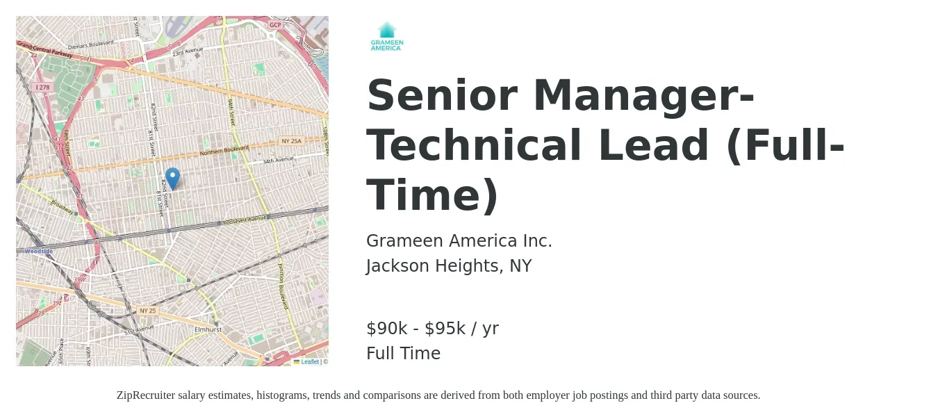 Grameen America Inc. job posting for a Senior Manager- Technical Lead (Full-Time) in Jackson Heights, NY with a salary of $90,000 to $95,000 Yearly with a map of Jackson Heights location.