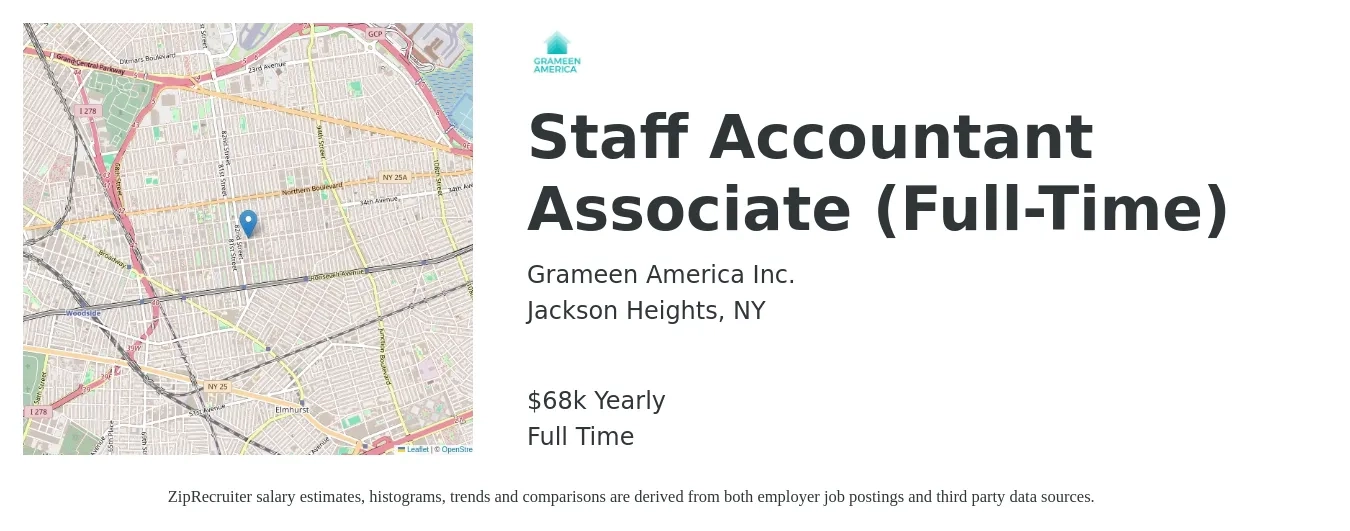 Grameen America Inc. job posting for a Staff Accountant Associate (Full-Time) in Jackson Heights, NY with a salary of $25 to $30 Hourly with a map of Jackson Heights location.