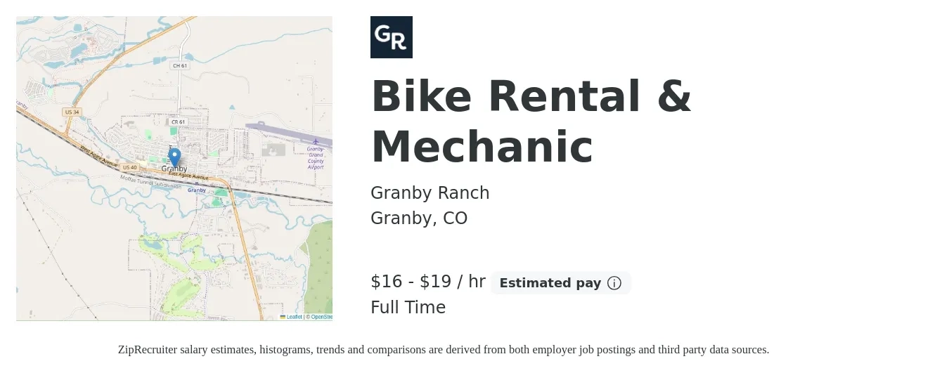 Granby Ranch job posting for a Bike Rental & Mechanic in Granby, CO with a salary of $18 to $23 Hourly with a map of Granby location.