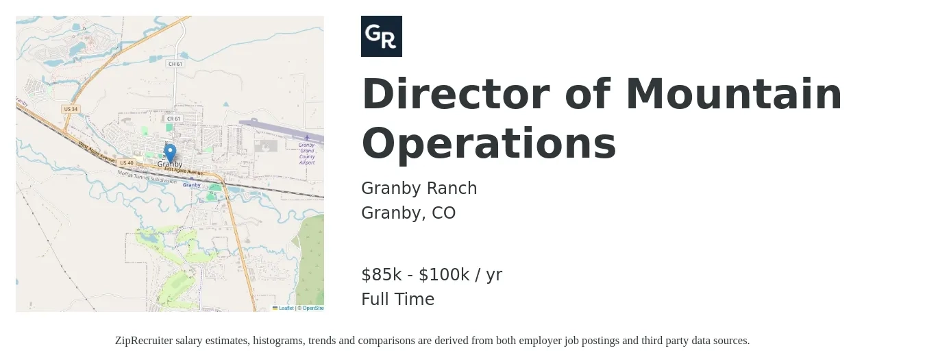 Granby Ranch job posting for a Director of Mountain Operations in Granby, CO with a salary of $85,000 to $100,000 Yearly with a map of Granby location.
