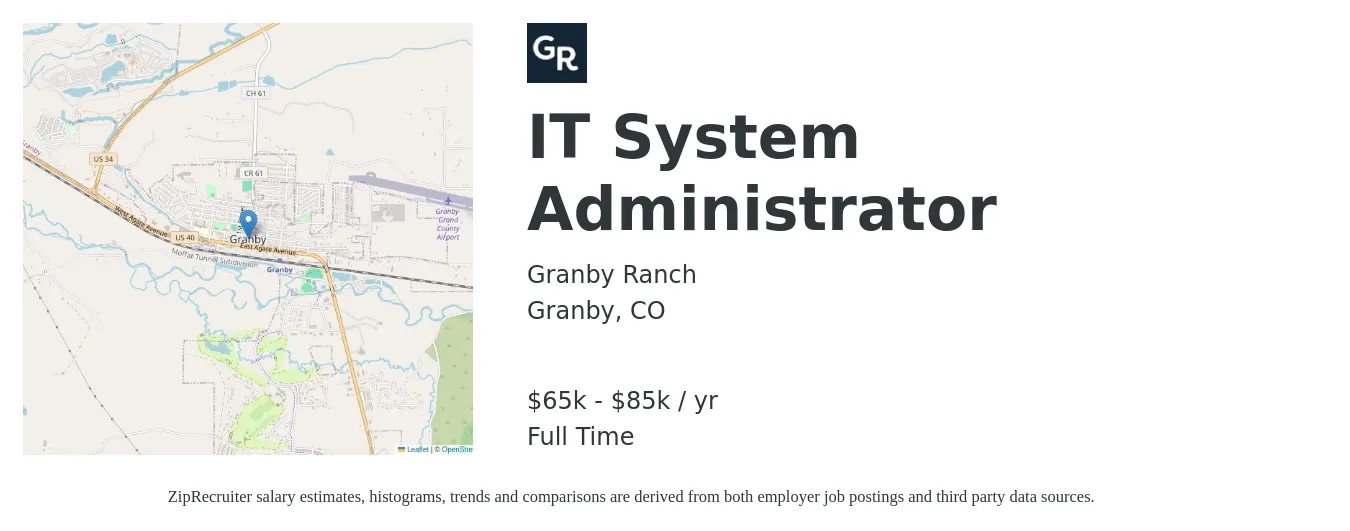 Granby Ranch job posting for a IT System Administrator in Granby, CO with a salary of $65,000 to $85,000 Yearly with a map of Granby location.