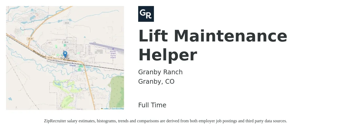 Granby Ranch job posting for a Lift Maintenance Helper in Granby, CO with a salary of $18 Hourly with a map of Granby location.