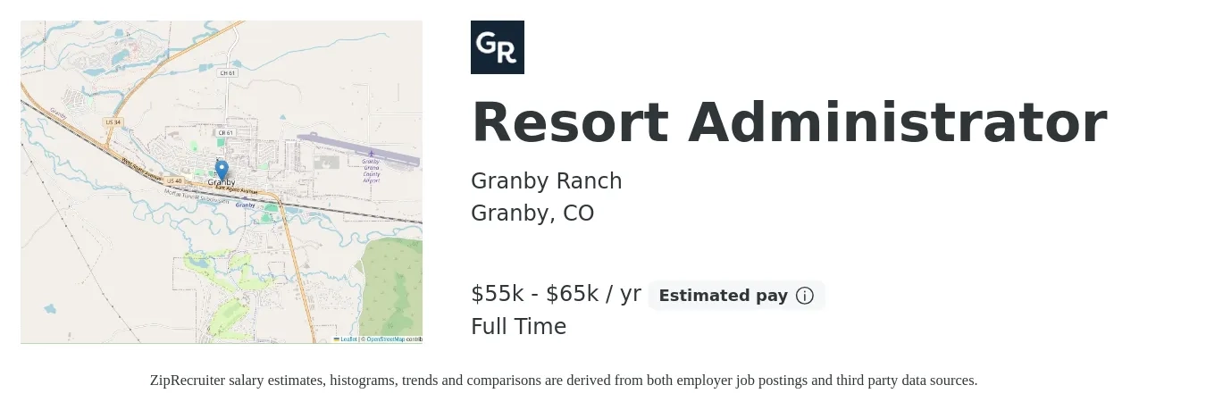 Granby Ranch job posting for a Resort Administrator in Granby, CO with a salary of $55,000 to $65,000 Yearly with a map of Granby location.