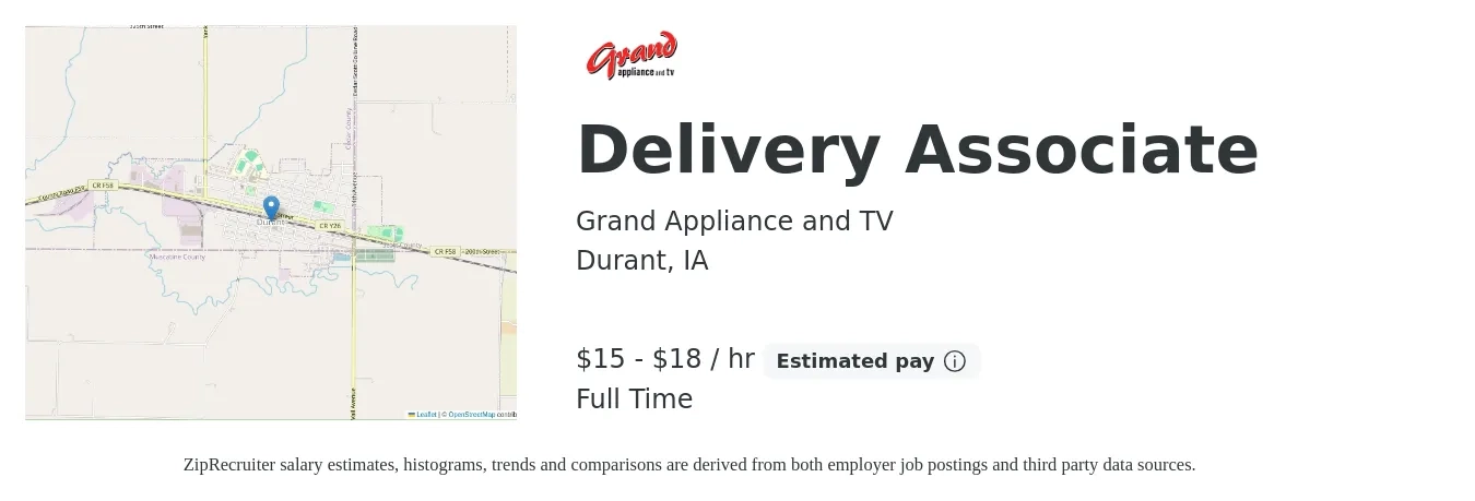 Grand Appliance and TV job posting for a Delivery Associate in Durant, IA with a salary of $16 to $19 Hourly with a map of Durant location.