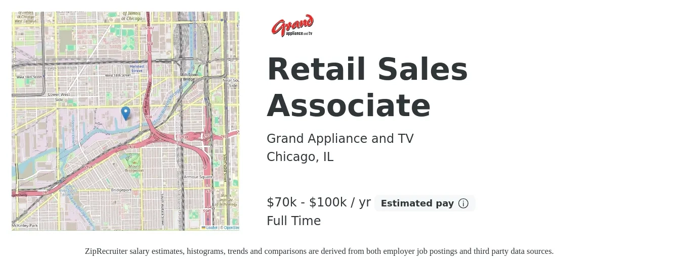 Grand Appliance and TV job posting for a Retail Sales Associate in Chicago, IL with a salary of $70,000 to $100,000 Yearly with a map of Chicago location.