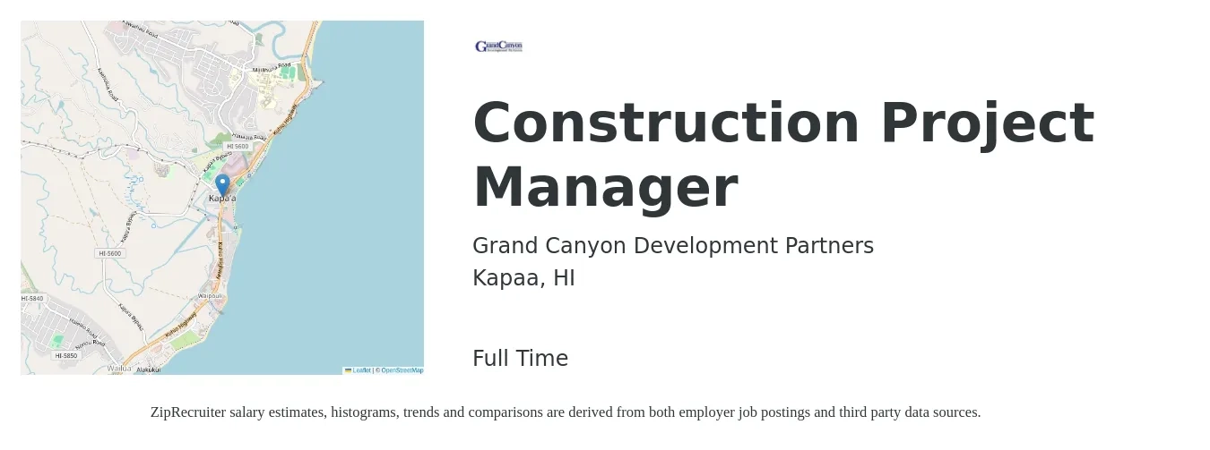 Grand Canyon Development Partners job posting for a Construction Project Manager in Kapaa, HI with a salary of $80,200 to $127,300 Yearly with a map of Kapaa location.