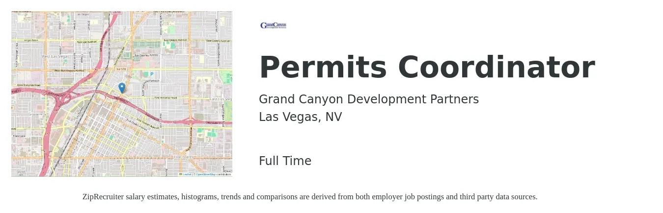 Grand Canyon Development Partners job posting for a Permits Coordinator in Las Vegas, NV with a salary of $18 to $26 Hourly with a map of Las Vegas location.