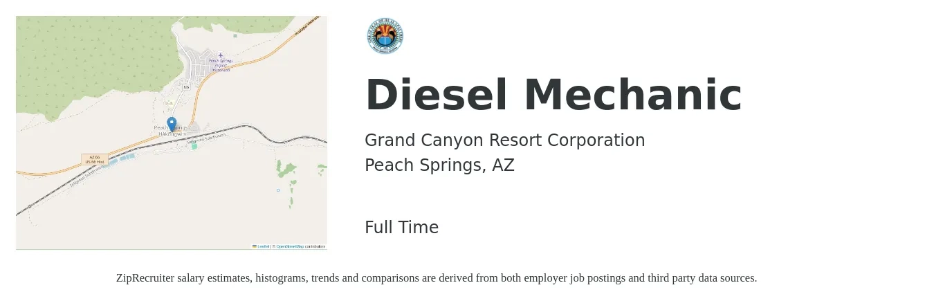 Grand Canyon Resort Corporation job posting for a Diesel Mechanic in Peach Springs, AZ with a salary of $21 to $28 Hourly with a map of Peach Springs location.