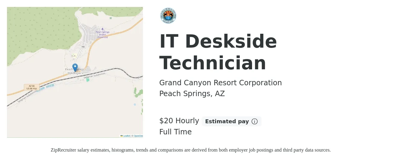Grand Canyon Resort Corporation job posting for a IT Deskside Technician in Peach Springs, AZ with a salary of $21 Hourly with a map of Peach Springs location.