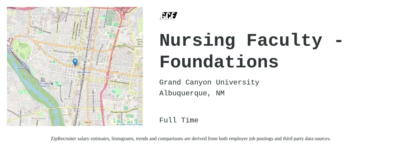 Grand Canyon University job posting for a Nursing Faculty - Foundations in Albuquerque, NM with a salary of $67,900 to $118,300 Annually and benefits including Medical, Vision, Dental, PTO, Life, and Retirement with a map of Albuquerque location.