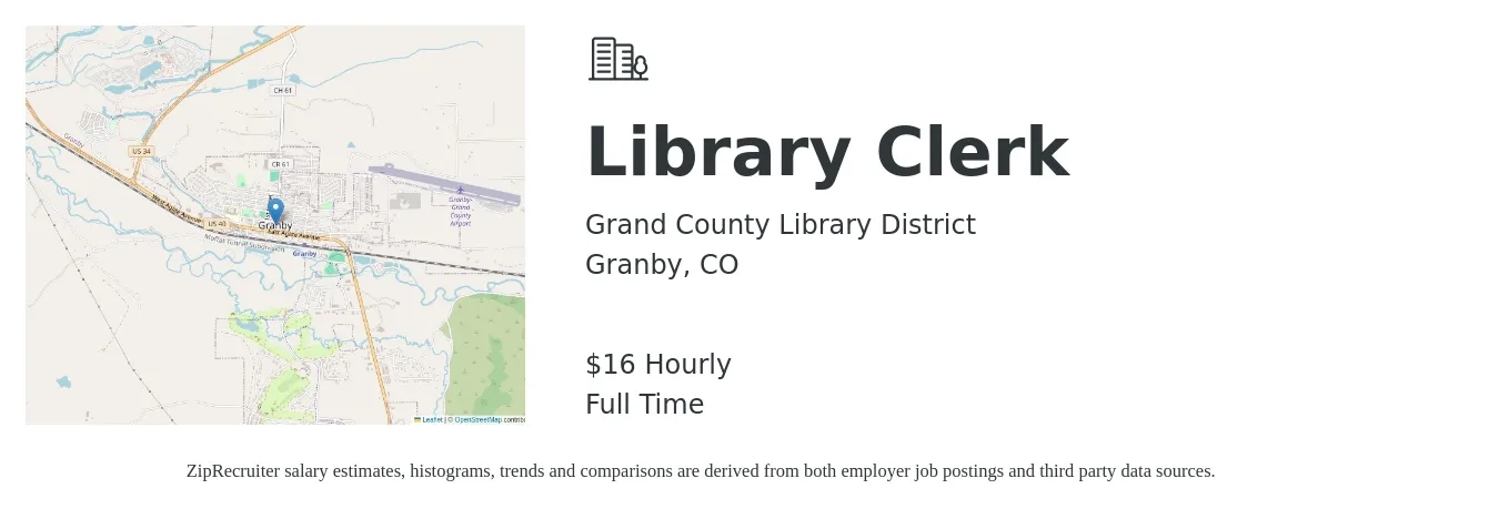 Grand County Library District job posting for a Library Clerk in Granby, CO with a salary of $17 Hourly with a map of Granby location.