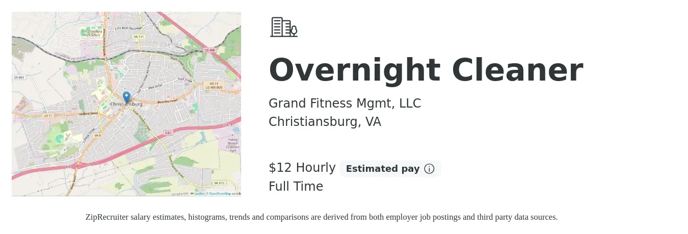 Grand Fitness Mgmt, LLC job posting for a Overnight Cleaner in Christiansburg, VA with a salary of $13 Hourly with a map of Christiansburg location.
