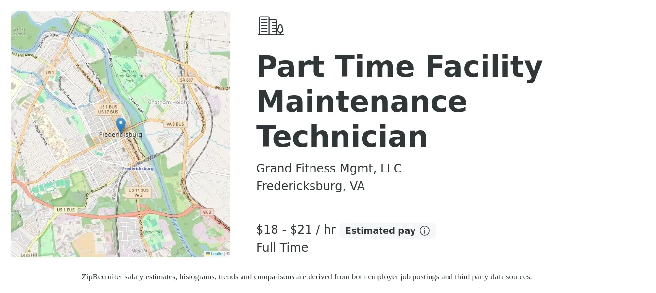 Grand Fitness Mgmt, LLC job posting for a Part Time Facility Maintenance Technician in Fredericksburg, VA with a salary of $19 to $22 Hourly with a map of Fredericksburg location.