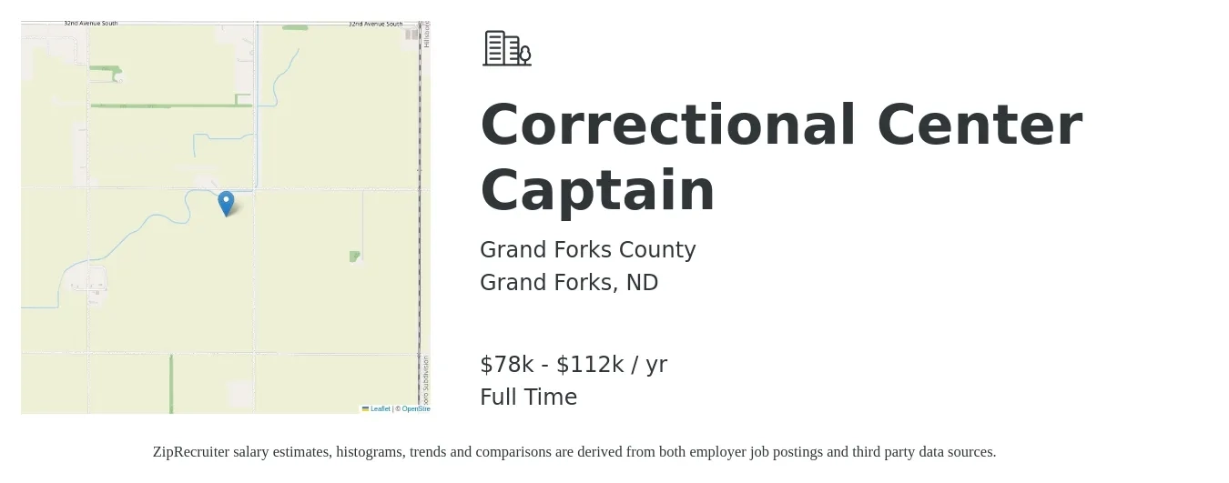 Grand Forks County job posting for a Correctional Center Captain in Grand Forks, ND with a salary of $78,808 to $112,362 Yearly with a map of Grand Forks location.