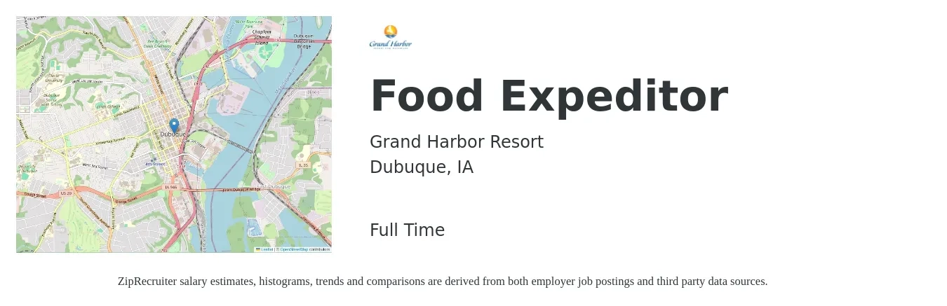 Grand Harbor Resort job posting for a Food Expeditor in Dubuque, IA with a salary of $13 to $18 Hourly with a map of Dubuque location.