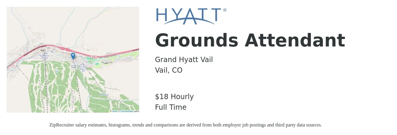 Grand Hyatt Vail job posting for a Grounds Attendant in Vail, CO with a salary of $19 Hourly with a map of Vail location.
