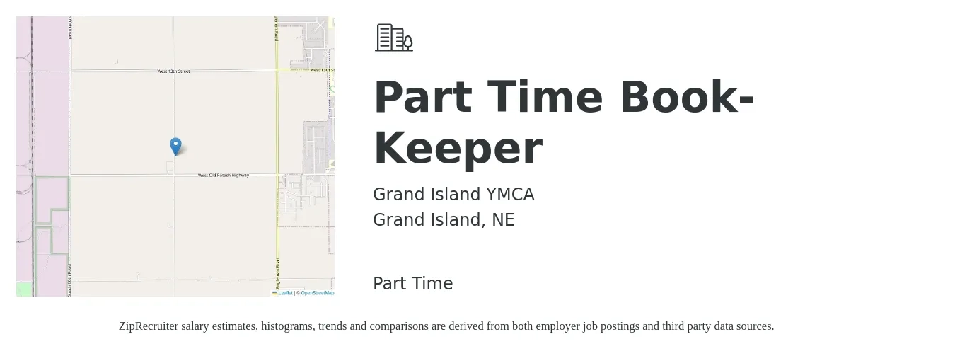 Grand Island YMCA job posting for a Part Time Book-Keeper in Grand Island, NE with a salary of $20 to $29 Hourly with a map of Grand Island location.