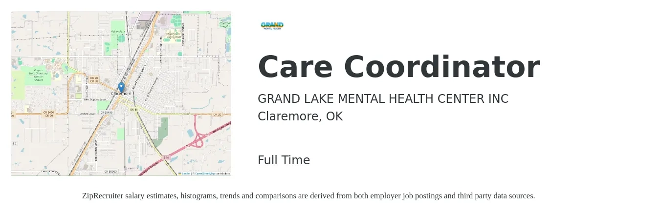 GRAND LAKE MENTAL HEALTH CENTER INC job posting for a Care Coordinator in Claremore, OK with a salary of $16 to $22 Hourly with a map of Claremore location.