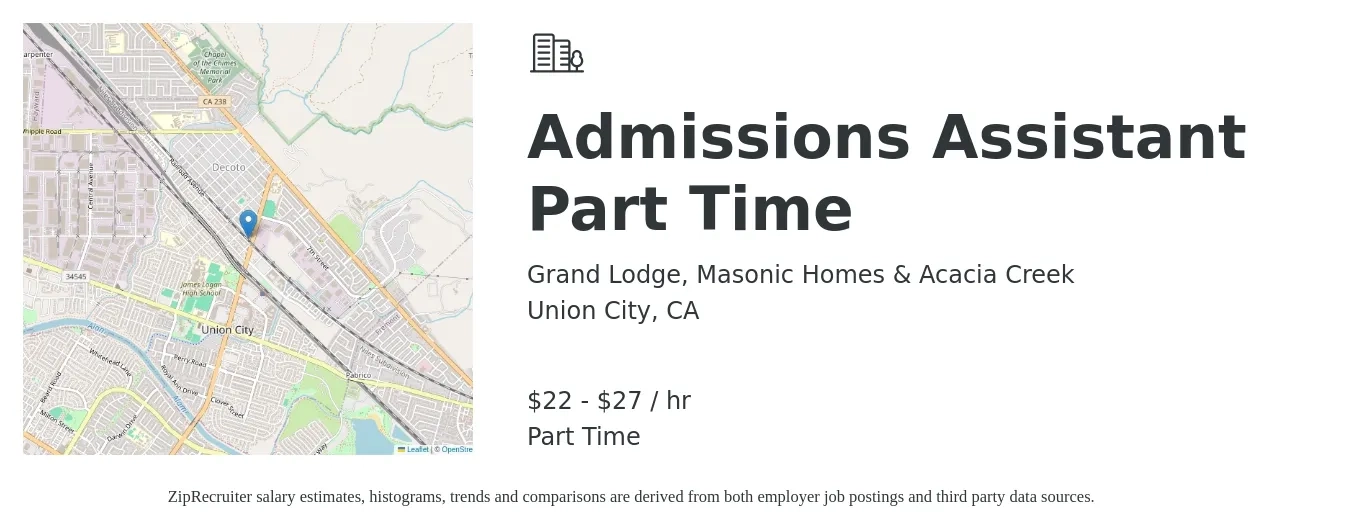 Grand Lodge, Masonic Homes & Acacia Creek job posting for a Admissions Assistant Part Time in Union City, CA with a salary of $23 to $29 Hourly with a map of Union City location.