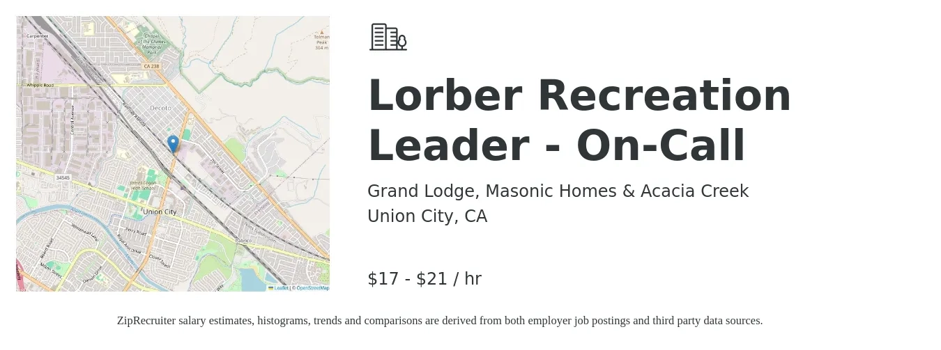Grand Lodge, Masonic Homes & Acacia Creek job posting for a Lorber Recreation Leader - On-Call in Union City, CA with a salary of $18 to $22 Hourly with a map of Union City location.