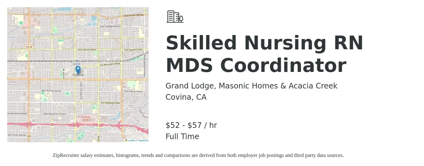 Grand Lodge, Masonic Homes & Acacia Creek job posting for a Skilled Nursing RN MDS Coordinator in Covina, CA with a salary of $55 to $60 Hourly with a map of Covina location.