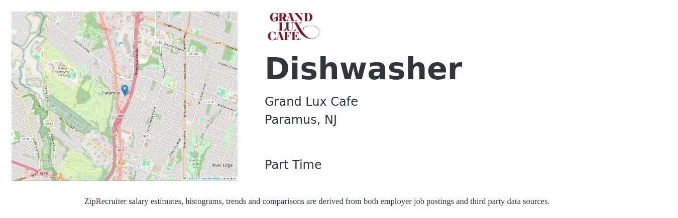 Grand Lux Cafe job posting for a Dishwasher in Paramus, NJ with a salary of $13 to $17 Hourly with a map of Paramus location.