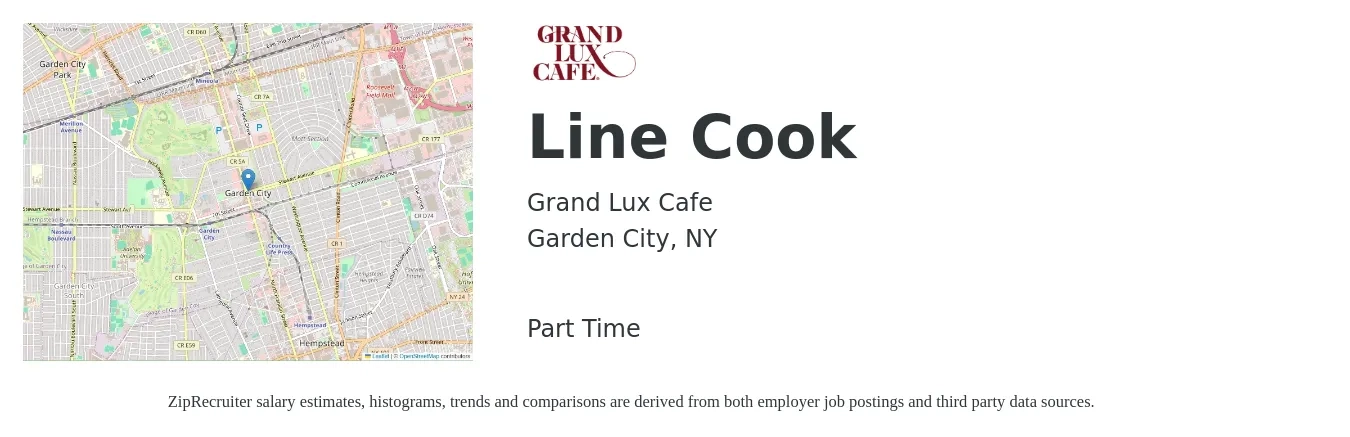 Grand Lux Cafe job posting for a Line Cook in Garden City, NY with a salary of $16 to $20 Hourly with a map of Garden City location.