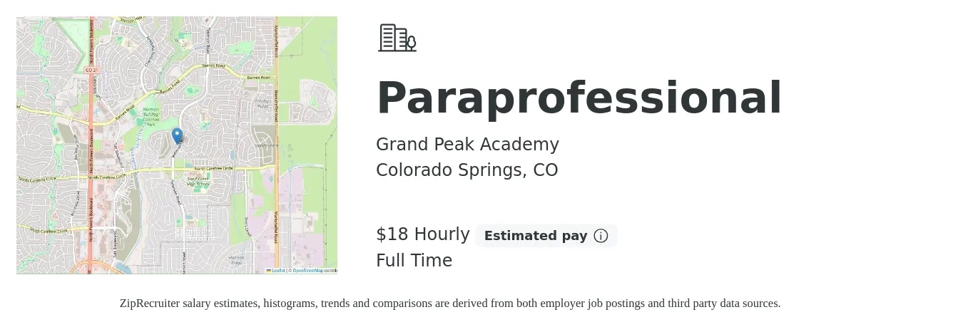 Grand Peak Academy job posting for a Paraprofessional in Colorado Springs, CO with a salary of $19 Hourly with a map of Colorado Springs location.