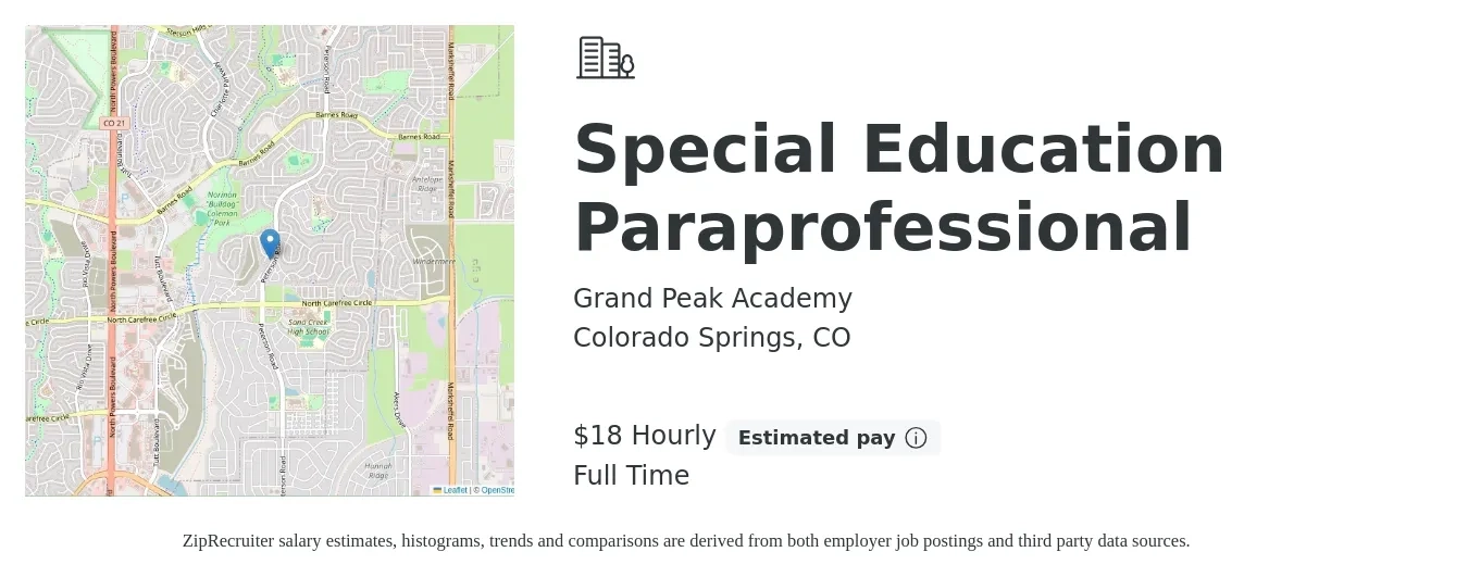 Grand Peak Academy job posting for a Special Education Paraprofessional in Colorado Springs, CO with a salary of $19 Hourly with a map of Colorado Springs location.