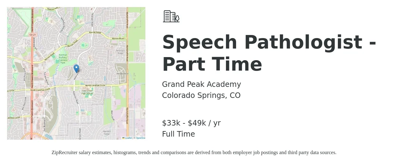 Grand Peak Academy job posting for a Speech Pathologist - Part Time in Colorado Springs, CO with a salary of $31,620 to $46,956 Yearly with a map of Colorado Springs location.