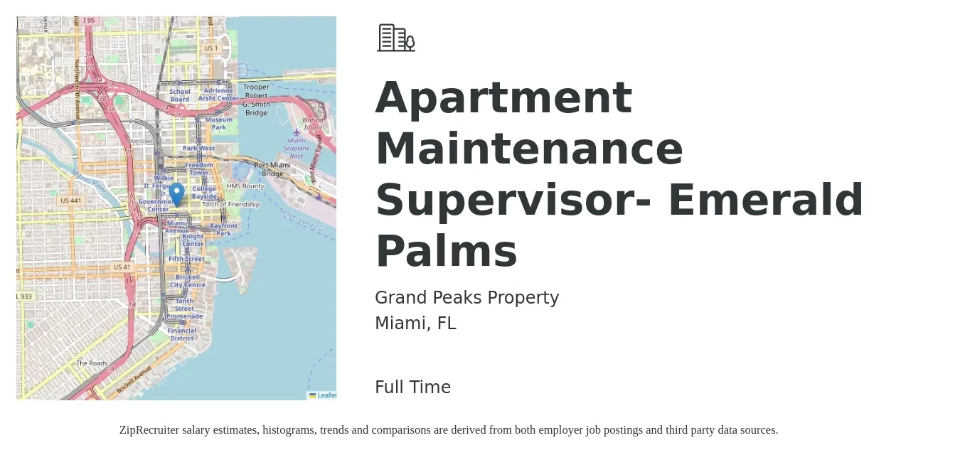 Grand Peaks Property job posting for a Apartment Maintenance Supervisor- Emerald Palms in Miami, FL with a salary of $22 to $27 Hourly with a map of Miami location.