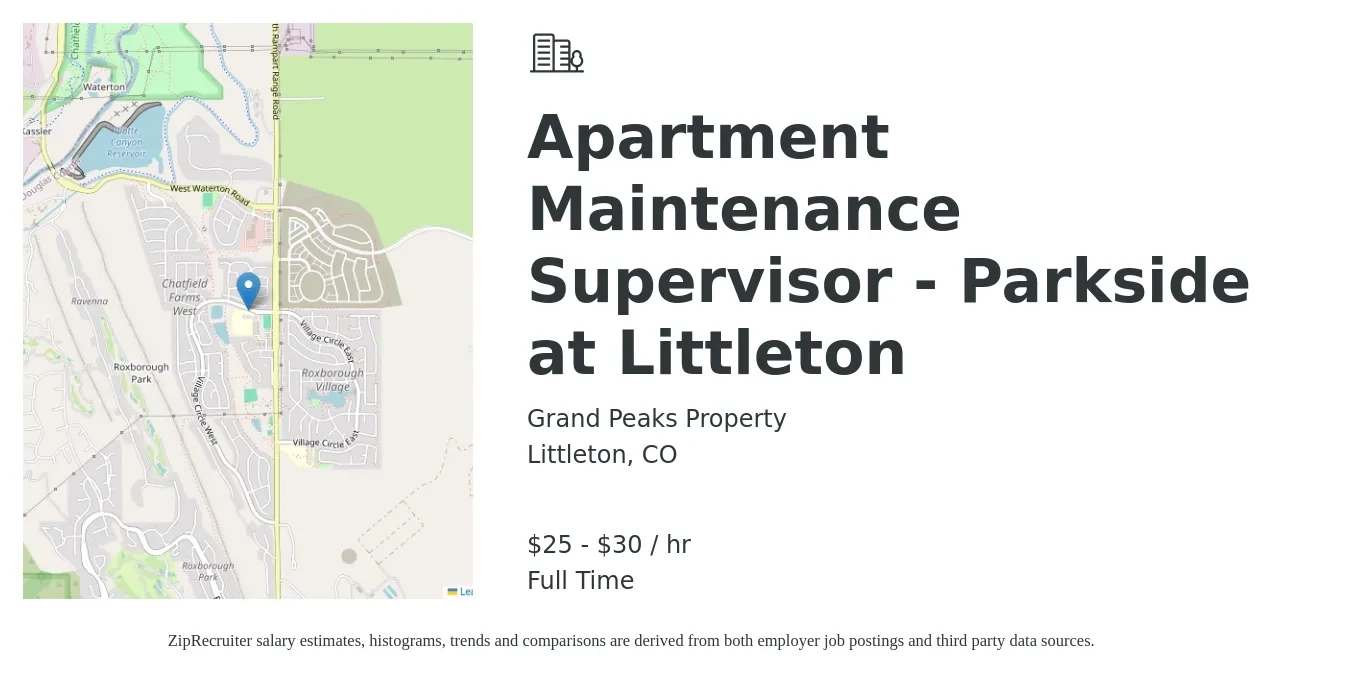 Grand Peaks Property job posting for a Apartment Maintenance Supervisor - Parkside at Littleton in Littleton, CO with a salary of $27 to $32 Hourly with a map of Littleton location.