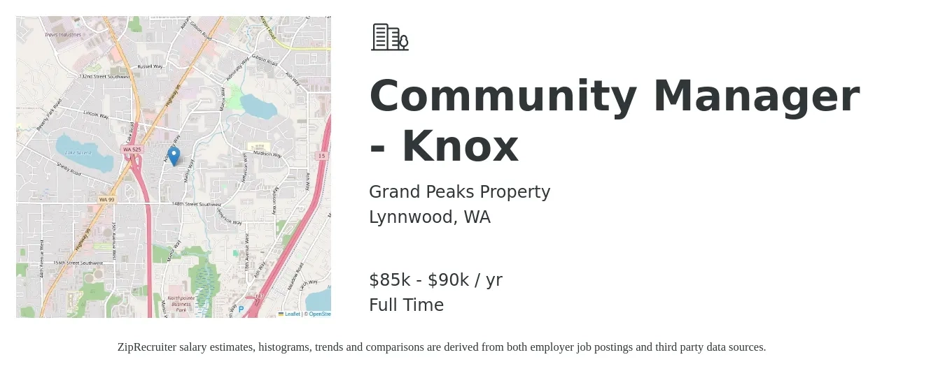 Grand Peaks Property job posting for a Community Manager - Knox in Lynnwood, WA with a salary of $85,000 to $90,000 Yearly with a map of Lynnwood location.