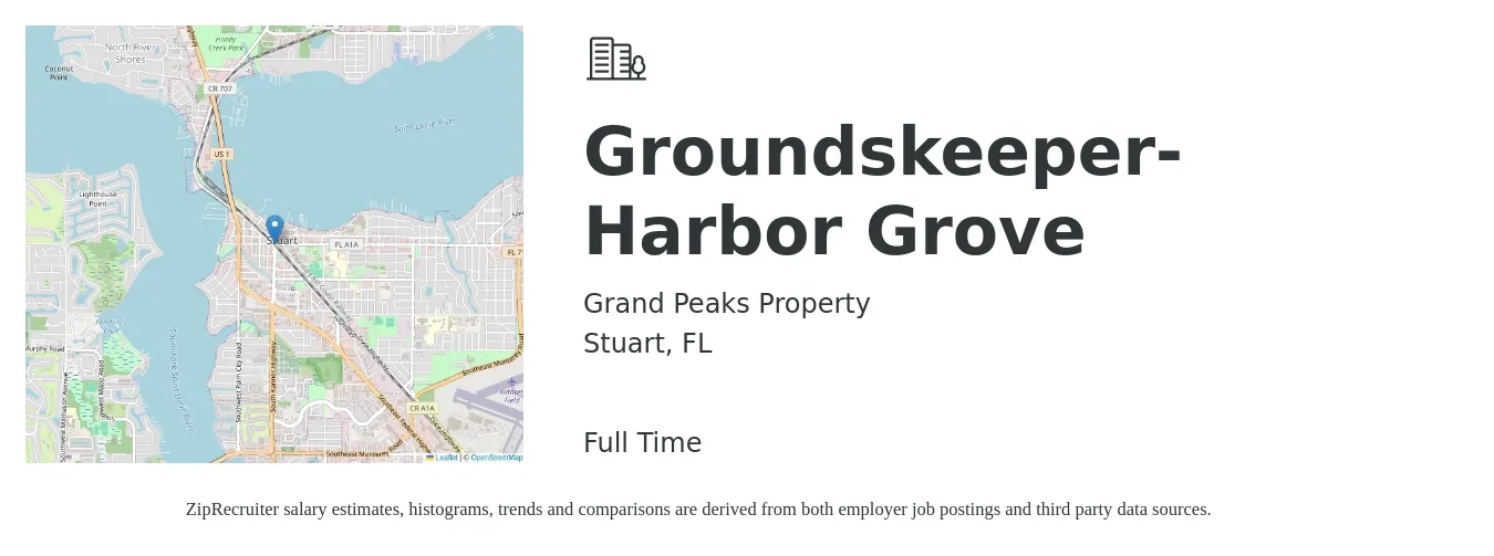 Grand Peaks Property job posting for a Groundskeeper- Harbor Grove in Stuart, FL with a salary of $14 to $17 Hourly with a map of Stuart location.