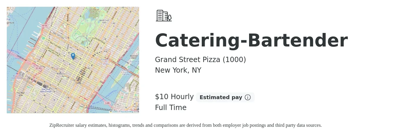 Grand Street Pizza (1000) job posting for a Catering-Bartender in New York, NY with a salary of $11 Hourly with a map of New York location.