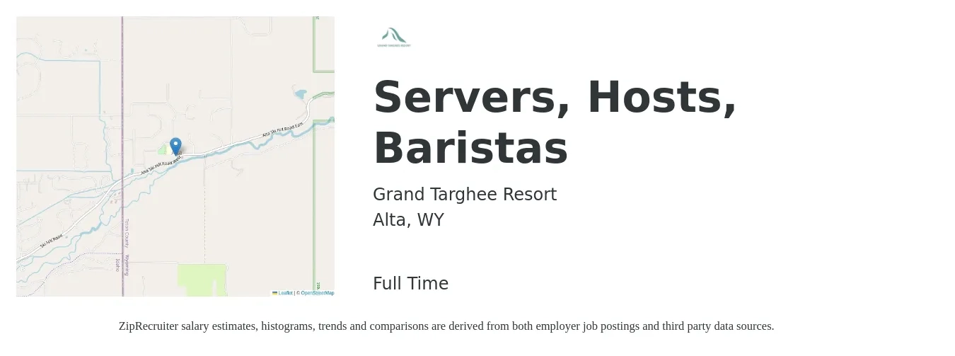 Grand Targhee Resort job posting for a Servers, Hosts, Baristas in Alta, WY with a salary of $12 to $18 Hourly with a map of Alta location.