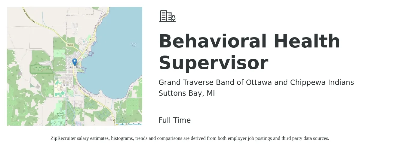 Grand Traverse Band of Ottawa and Chippewa Indians job posting for a Behavioral Health Supervisor in Suttons Bay, MI with a salary of $47,200 to $75,000 Yearly with a map of Suttons Bay location.