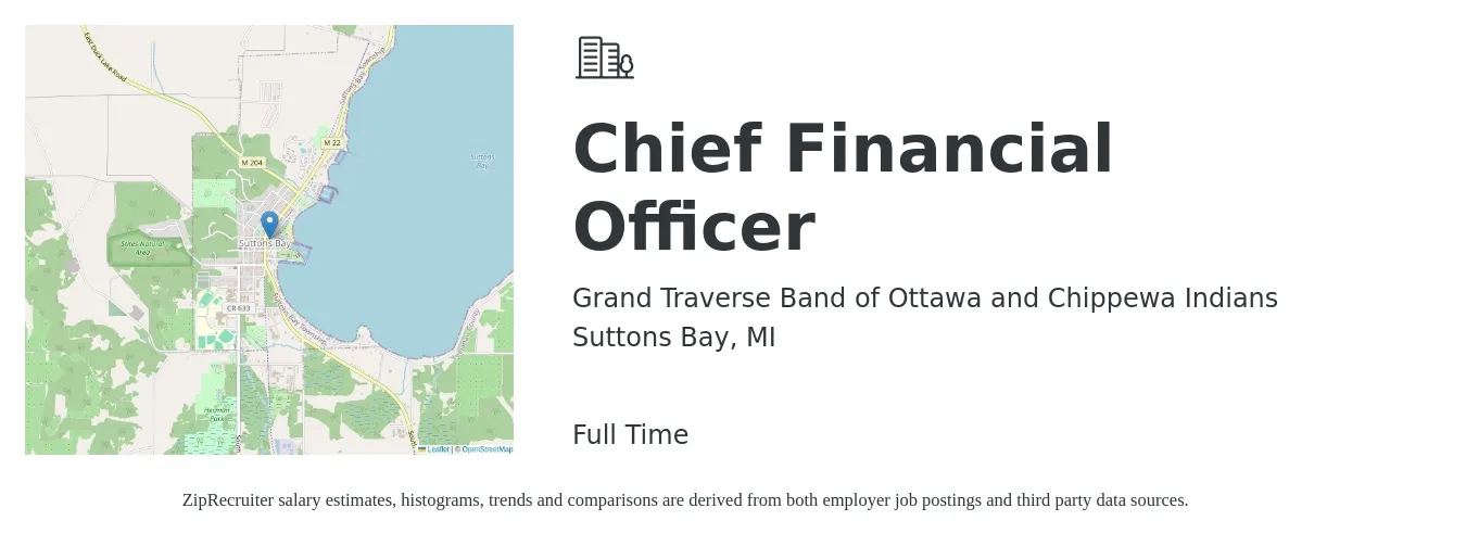 Grand Traverse Band of Ottawa and Chippewa Indians job posting for a Chief Financial Officer in Suttons Bay, MI with a salary of $120,900 to $343,000 Yearly with a map of Suttons Bay location.