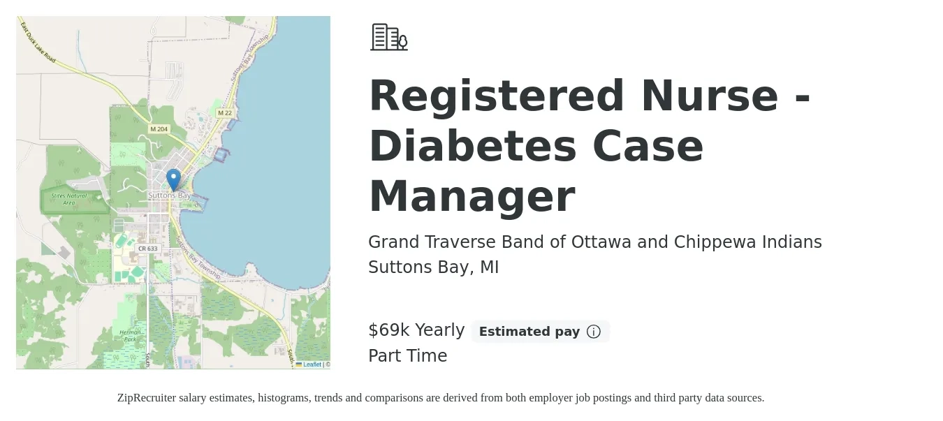 Grand Traverse Band of Ottawa and Chippewa Indians job posting for a Registered Nurse - Diabetes Case Manager in Suttons Bay, MI with a salary of $69,450 Yearly with a map of Suttons Bay location.