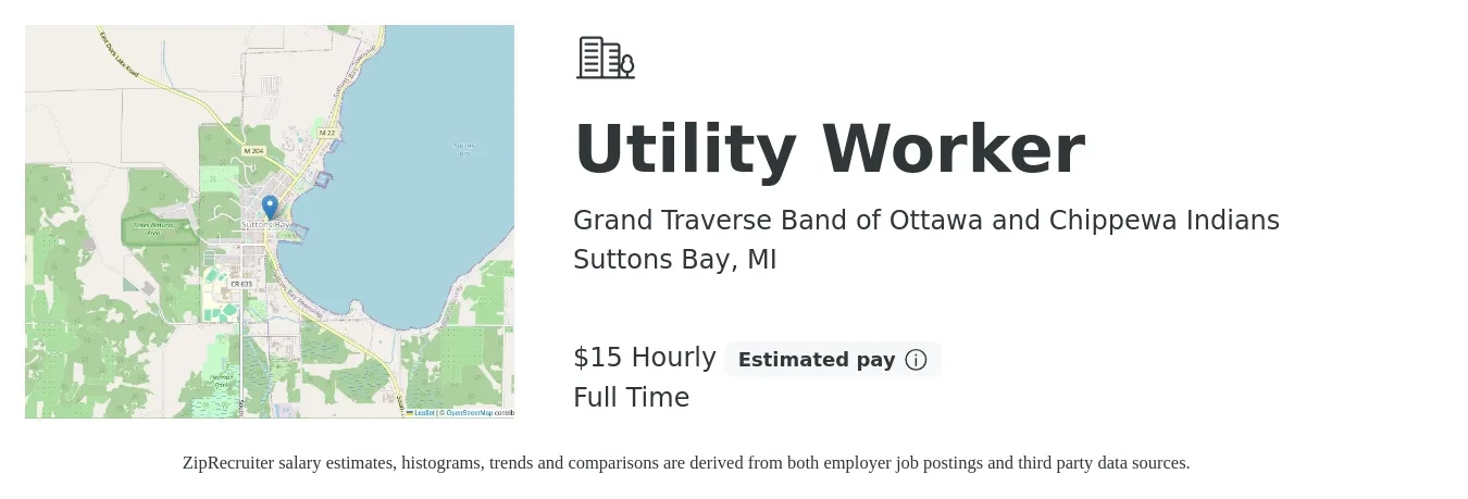 Grand Traverse Band of Ottawa and Chippewa Indians job posting for a Utility Worker in Suttons Bay, MI with a salary of $16 Hourly with a map of Suttons Bay location.